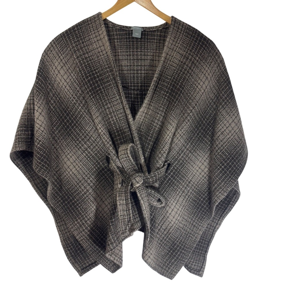 Ann Taylor Women Wool Blend Plaid Cape Poncho Wrap Belted Shawl Ruana Size‎ M
